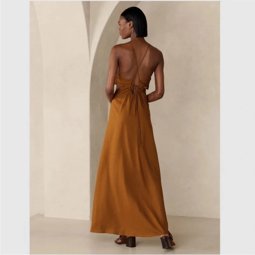 Banana Republic Manon Linen Blend Maxi Cutout Dress Sz 10 - Picture 2 of 15